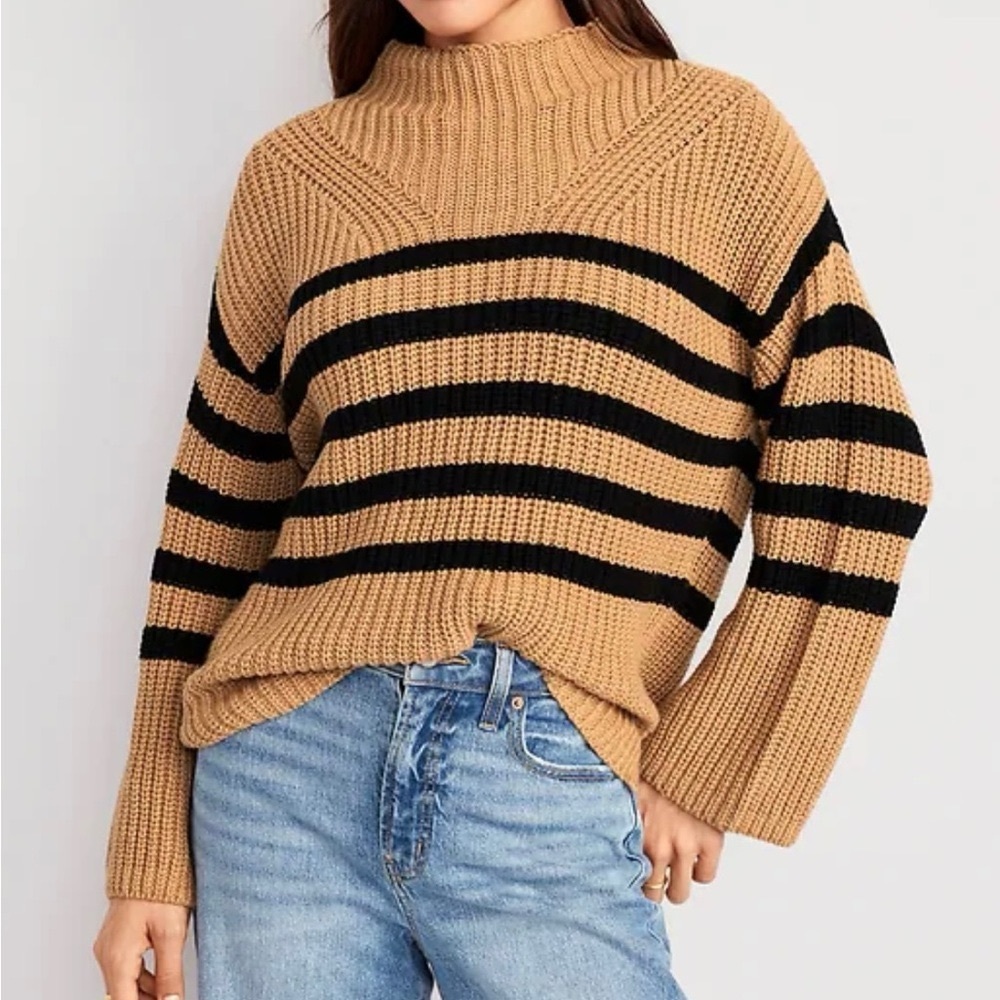 Old Navy Slouchy Striped Mock Neck Bell Sleeve Sweater Tan Black Small